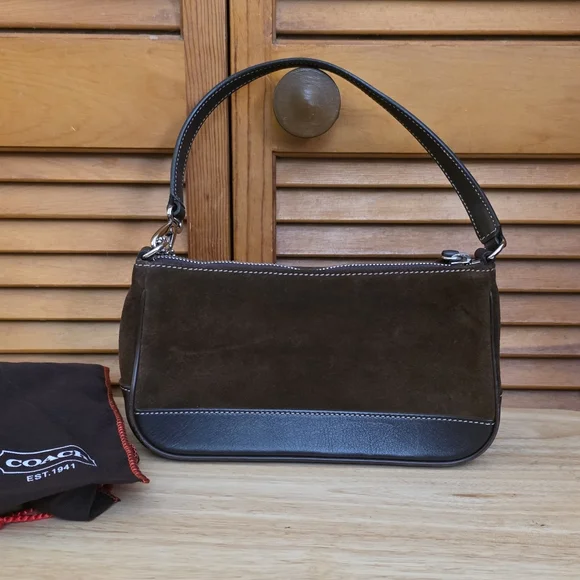 Vintage Coach Hampton Demi Baguette Brown Suede And Leather Shoulder Bag - Picture 4 of 16